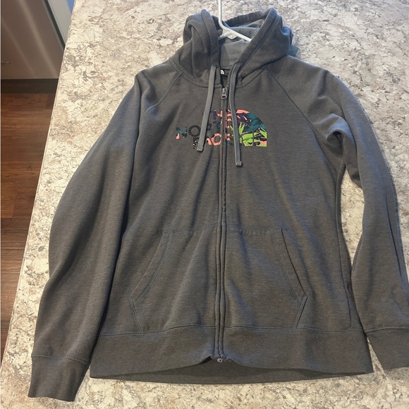 The North Face Womens large Gray Full Zip Hoodie Sweatshirt Tropical Print Logo - Picture 3 of 11